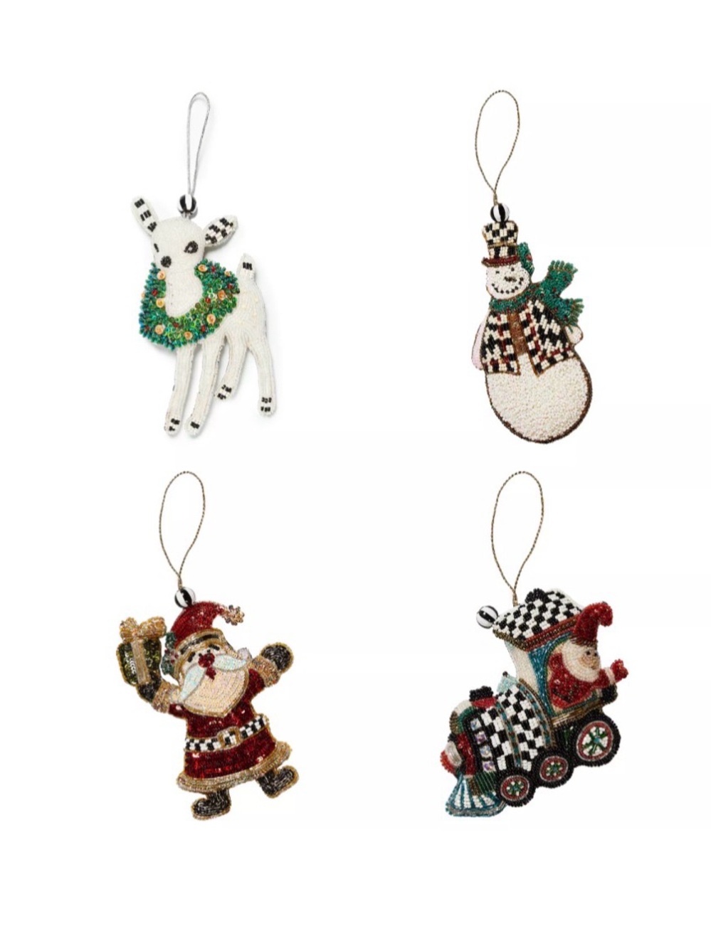 Mackenzie Childs Beaded Christmas Ornament Set Holiday Courtly Check NEW